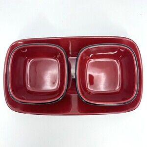 2 Corningware Hearthstone Chili Red Black Dessert Bowls with Serving Plate